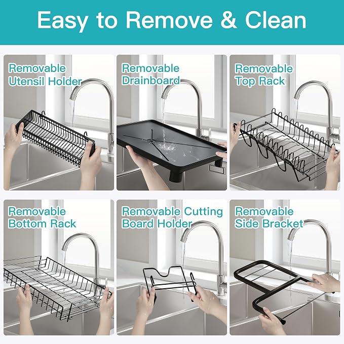 BOOSINY 2 Tier Black Dish Drying Rack and Drainboard with Utensil Holder - Image 7