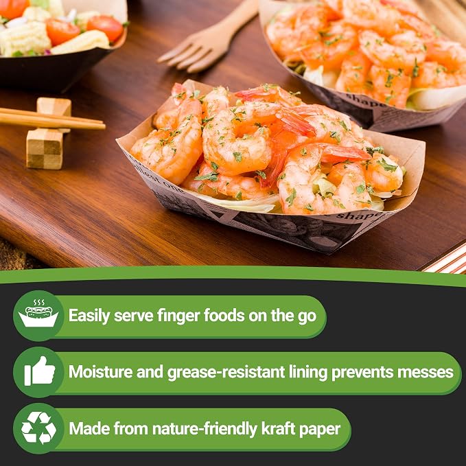 Restaurantware-Bio Tek 6 Ounce Boat Paper Boats, 400 Disposable #40 Food Trays - PE Lining, Durable, Newsprint Paper Food Baskets, For Concession Stands, Picnics, or Fairs, Stackable - Image 9