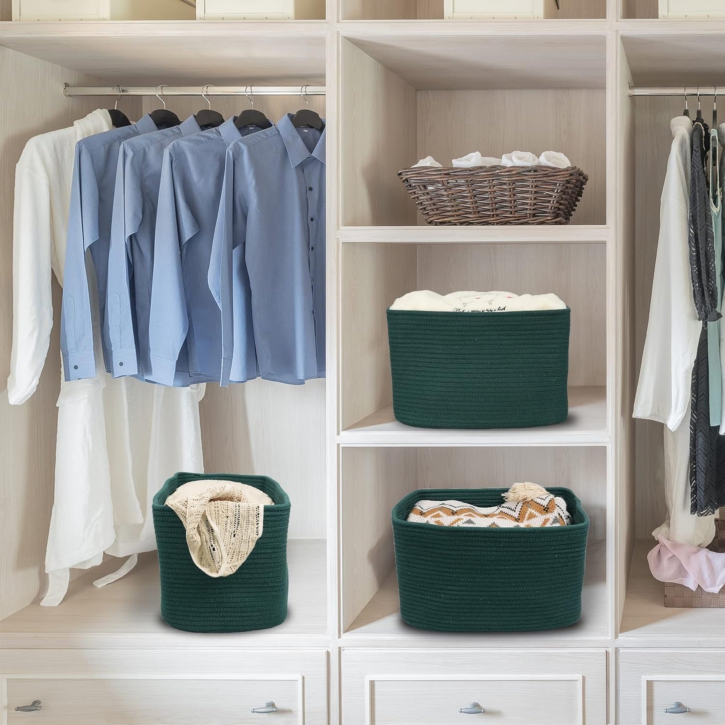 Cotton Rope storage Basket Bins14.5X9.5X9.3“ Basket for Organizing Shelves Rectangle Decorative Baskets For storage Clothes Toys Books Towels Square Wicker Nursery basket organizer 3 pack Dark green