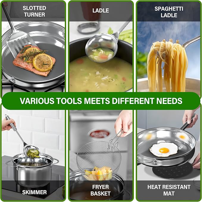 YSSOA 18-Piece Stainless Steel Kitchen Cookware Set, Including Saucepan, Casseroles with Tempered Glass Lid, Frypan, Steamer, Salad Bowl , Fryer Basket, Heat Resistant Mat & Utensils Set, Silver - Image 7
