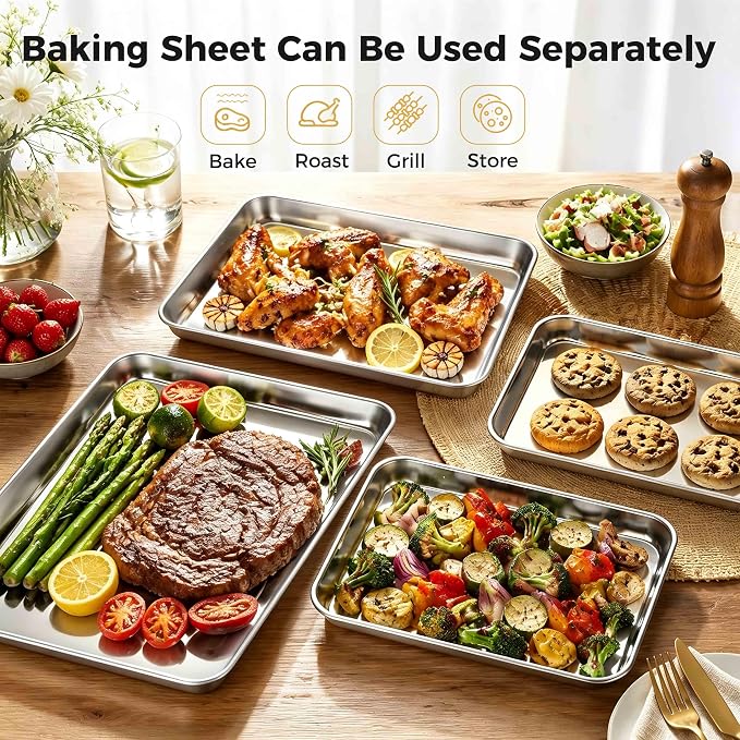 Onader Large Baking Cookie Sheet with Cooling Rack Set, Stainless Steel Baking Sheet Pan, 19⅝ x 13¾ Inch Metal Oven Baking Tray, Nonstick & 1 Inch Deep, 2-Pack (Includes 2 Pans + 2 Racks) - Image 8