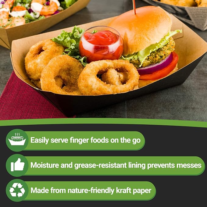 Restaurantware-Bio Tek 2-pound Food Trays, 200 Disposable Paper Food Trays - Heavy-Duty, Greaseproof, Black Paper Food Boats, For Snacks, Appetizers, Or Treats, Use At Parties Or Carnivals - Image 9