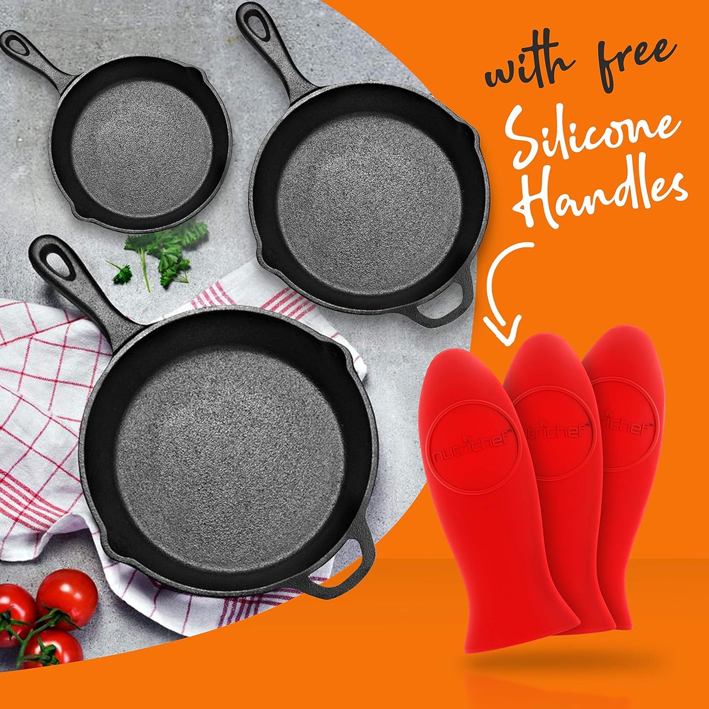 NutriChef 3pc Cast Iron Skillet Set - Nonstick Pans with Drip Spout, Silicone Handles, For All Cooktops