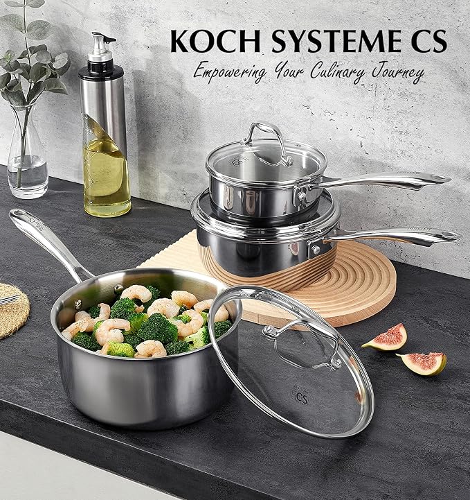 KOCH SYSTEME CS Triply Stainless Steel Saucepan Set, 1QT & 2QT & 3QT Stainless Steel Pot Set with lid, Diswasher & Oven Safe, Induction Compatible Pot, 6PCS - Image 9