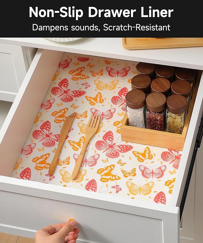 Reusable Non-Adhesive Drawer and Shelf Liner for Kitchen Cabinets - Waterproof Shelf Paper, Easy to Cut and Install - Suitable for Cabinets, Drawers, Shelves, and Desks(Red Butterfly, 23.6"W x 236"L) - Image 9