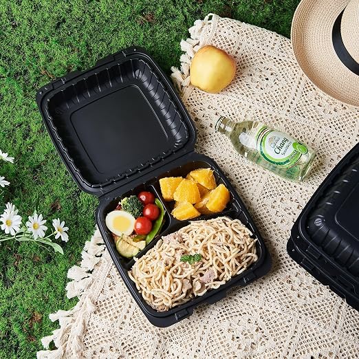 FULING 9X9 3-Compartment 50-Pack Plastic Clamshell Takeout Food Trays Heavy Duty Togo Disposable Box For Pasta Salad Sandwich Carryout Hinged Containers With Secure Snap Lid - Image 7