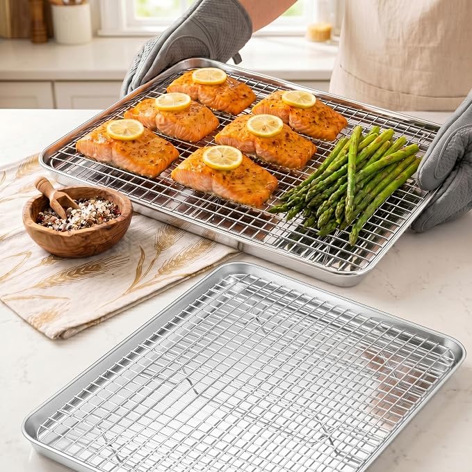 Homikit Jelly Roll Pan with Cooling Rack Set (2 Pans+2 Racks), 16" x 12" | Stainless Steel Baking Sheet Tray with Wire Grid Rack, Cookie Bacon Pan for Oven Cooking Roasting, Rust Proof & Nonstick - Image 7