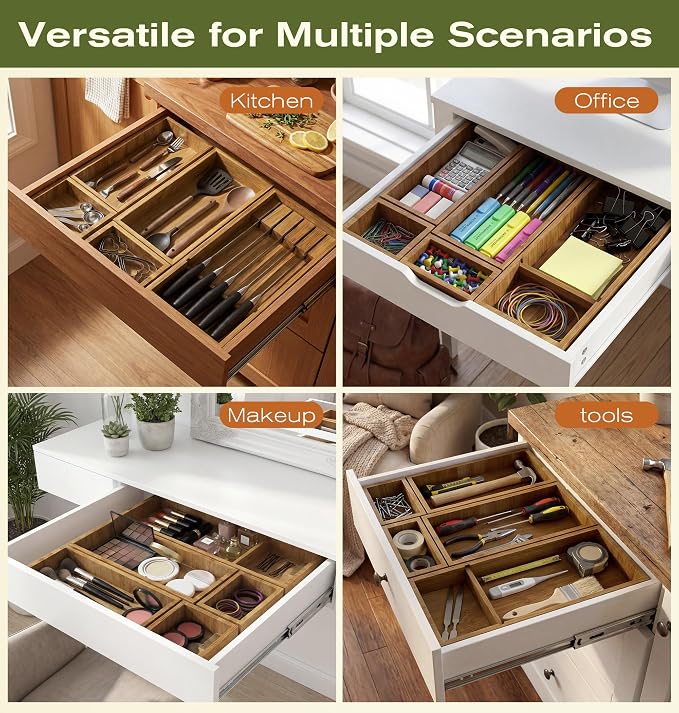 KOCWELL Bamboo Silverware Drawer Organizer with Knife Block, 5 Removable Drawer Organizer Bins - Multi-Use for Kitchen Utensils, Office, Makeup, Tools Storage - Image 7