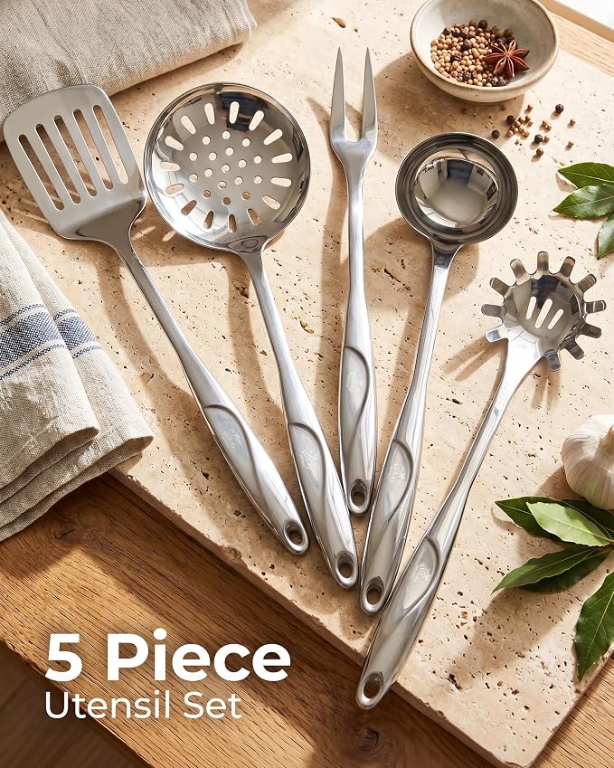 Zulay Kitchen Stainless Steel 5 Piece Cooking Utensil Set | Stainless Steel Kitchen Utensil - Durable Kitchen Gadgets - Metal Kitchen Accessories - Easy to Clean Tools - 5 Piece Set - Image 10