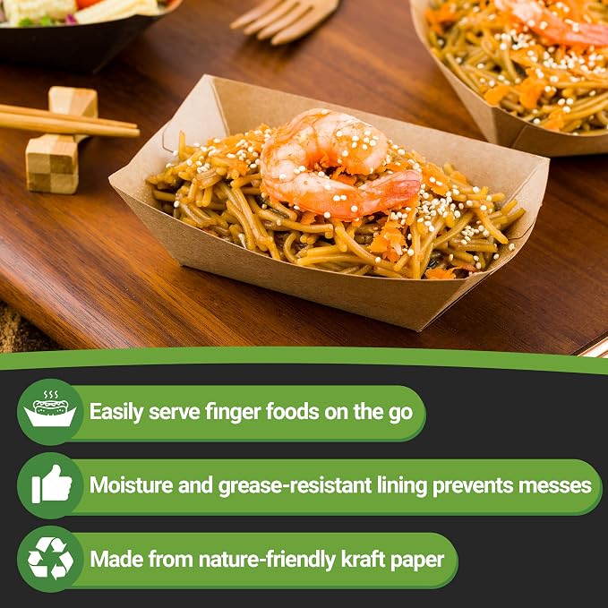 Restaurantware-Bio Tek 6 Ounce Boat Paper Boats, 400 Disposable #40 Food Trays - PE Lining, Durable, Kraft Paper Food Baskets, For Concession Stands, Picnics, or Fairs, Stackable - Image 9