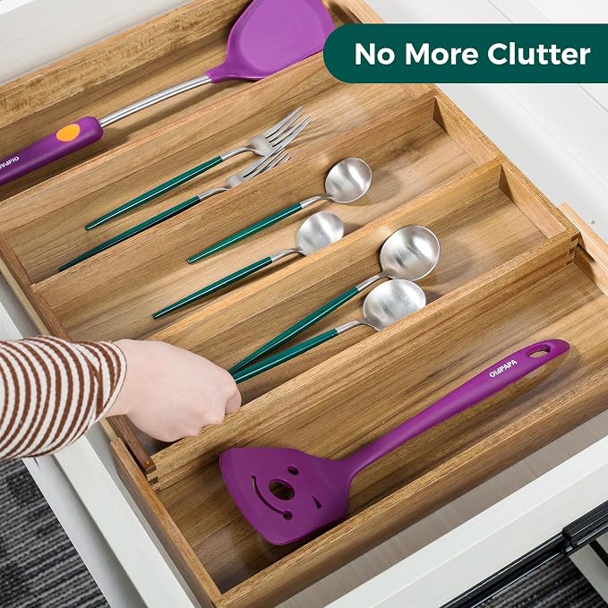 Utoplike Bamboo Silverware Tray Acacia Kitchen Drawer Organizer Expandable - Image 7