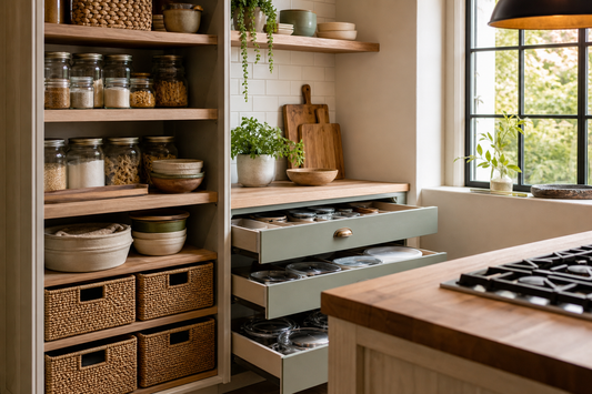 Unbranded organized spatial layout featuring practical kitchen storage
