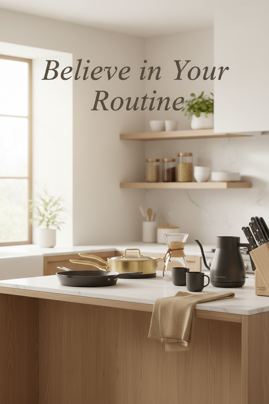 Premium kitchen scene with elegant cookware and essentials, featuring warm natural lighting and minimalist design. Text overlay reads "Believe in Your Routine" - HomeBite Kitchen brand image promoting daily comfort and cooking confidence.