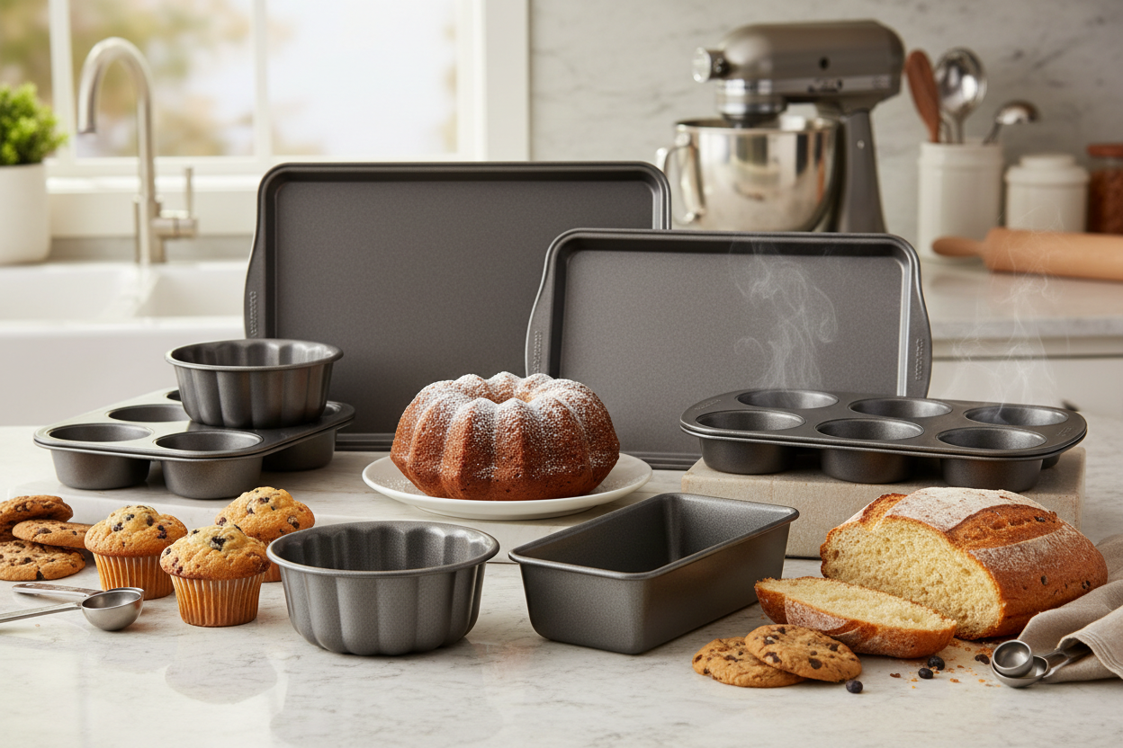 Professional bakeware collection - baking pans, cake molds, cookie sheets, and non-stick baking essentials