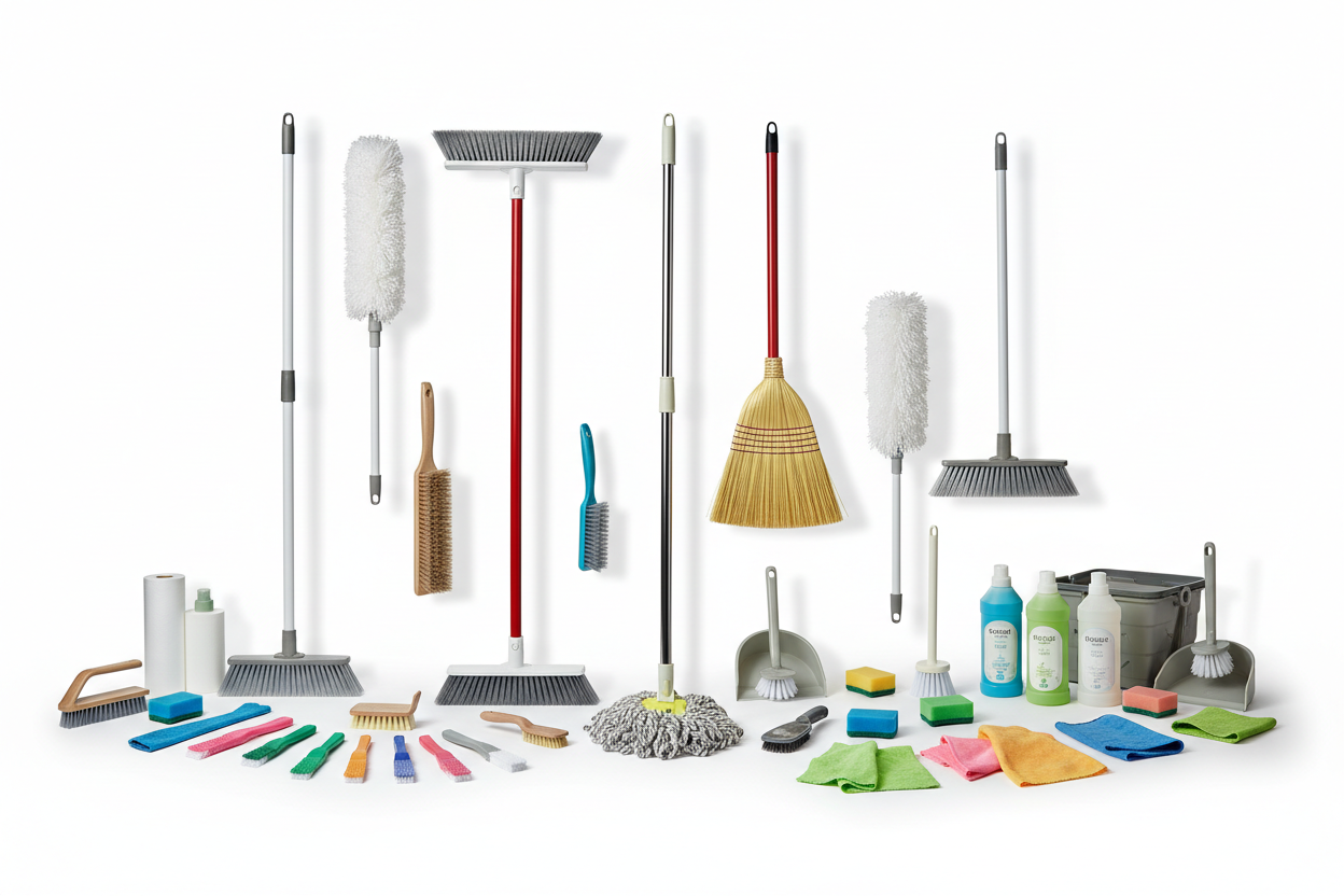 Cleaning tools and supplies - mops, brooms, scrub brushes, sponges, and household cleaning equipment
