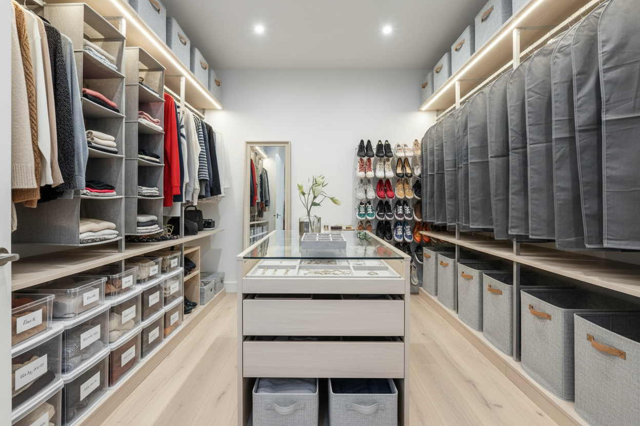 Clothing and closet storage solutions - hangers, garment bags, drawer organizers, and wardrobe systems