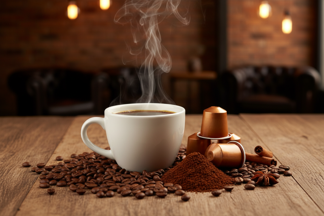 Coffee products and accessories - coffee beans, brewing equipment, mugs, and barista supplies