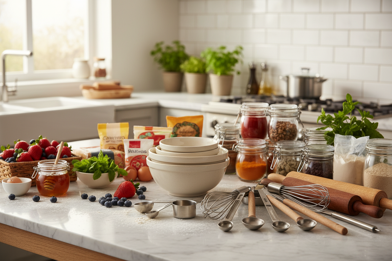Cooking and baking supplies - measuring tools, mixing bowls, prep accessories, and essential kitchen equipment