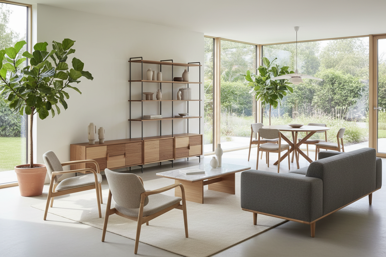 Home furniture collection - tables, chairs, shelving units, and functional living space furniture