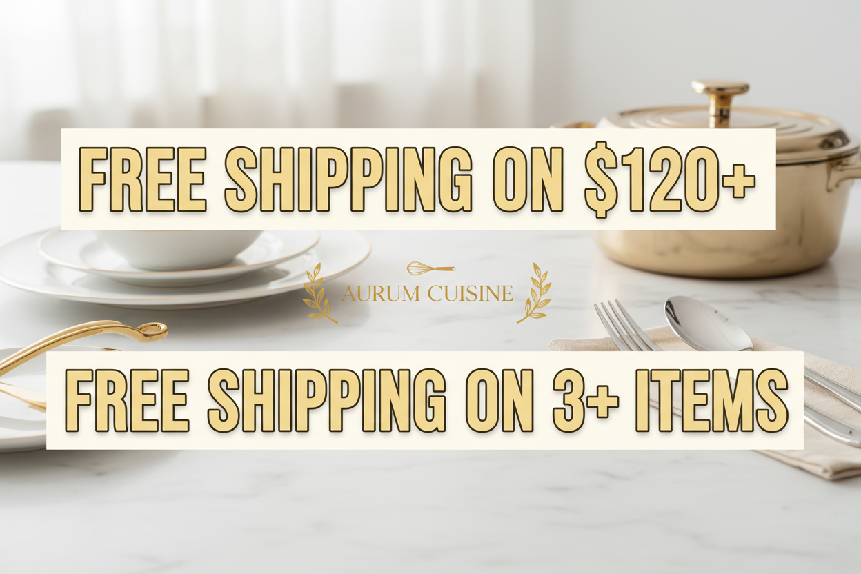 Premium kitchenware collection free shipping promotion on orders over $120 or 3 or more items - luxury cookware bakeware and kitchen essentials banner