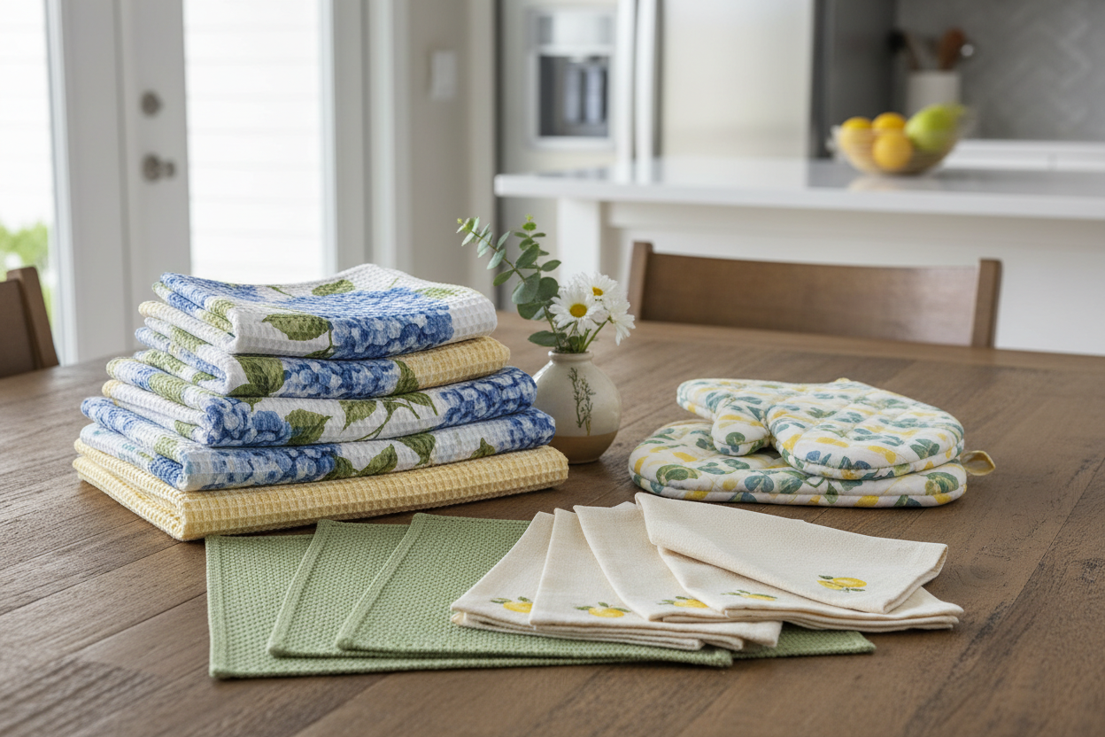 Kitchen and table linens - dish towels, tablecloths, napkins, and decorative dining textiles