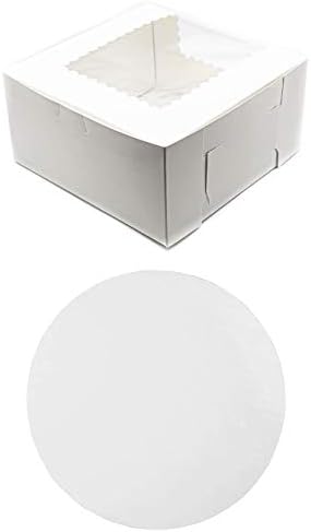 Made in USA 8" X 8" X 4" Recycled White Kraft Cake Box with Scalloped Window & 8" Round Cake Boards (Pack of 10 – Front Loading) by StephanieImports