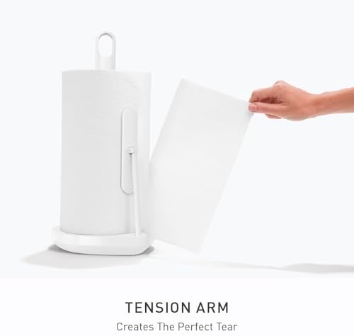 simplehuman Tension Arm Countertop Paper Towel Holder, Easy One-Handed Tear, Standing Weighted Base with Finger Loop, Heavy Duty, White Steel - Image 3