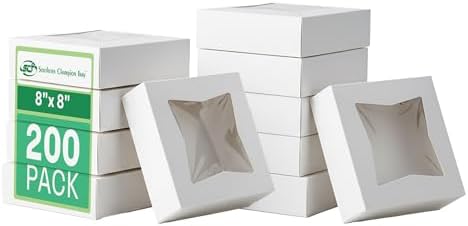SCT White Window Bakery Boxes with Attached Flip Top, 4-Corner Beers Design, 8 x 8 x 2.5, White, Paper, 200/Carton by SouthernChampionTray
