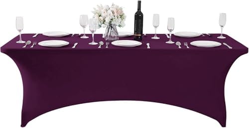 MDS® Pack of 2 Spandex Tablecloth 8FT Tight Fitted Stretch Table Cover – Washable Wrinkle-Free Reusable Elastic Patio Tablecloth for Wedding, Party, Banquet, Trade Show, Event Décor - Eggplant - Image 3