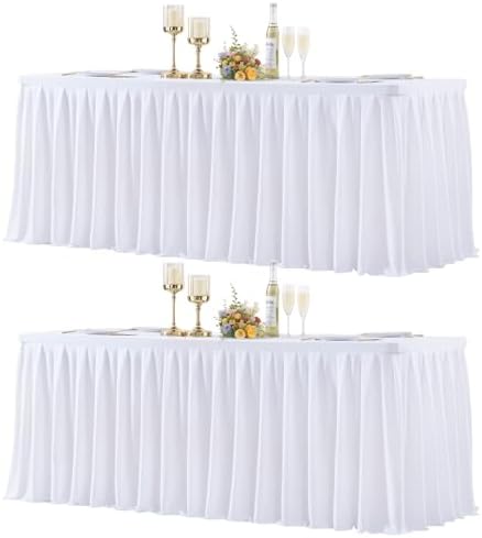 2 Pack White Rectangle Tablecloth 6 FT Stretch Spandex Fitted Table Cloth for 6 Foot Rectangle Tables Banquet Tablecloths Wrinkle Free Table Cover Stitch Ruffle Table Skirt for Party Wedding Birthday by Tao-GePartyDecorations