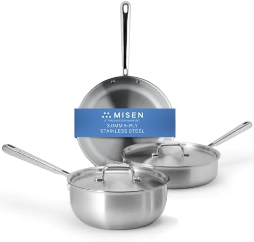 Misen 5-Ply Stainless Steel Cookware Set - Versatile, Dishwasher Safe - 5-Piece Set - 10" Skillet, 3 QT Saute Pan + Lid, 3 QT Saucier + Lid by Misen