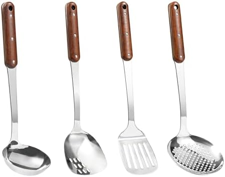 FJNATINH Stainless Steel Wok Spatula,Slotted Spatulas,Ladle,Skimmer Ladle Tool Set,Mirror Polished Cooking Utensils Kitchen Cookware, Pack of 4,Sliver by HOMEKITCHENTOOL