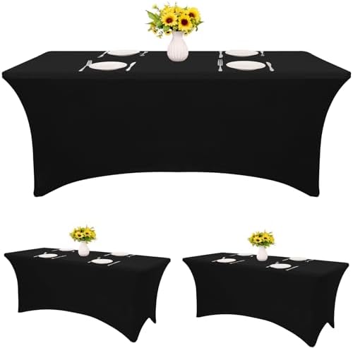 HAISIWLKJ 3 Pack Table Cloth 8ft Black Tablecloths for Rectangle Folding Table Spandex Fitted Stretch Table Cover Wrinkle Resistant Washable Table Protector for Party, Wedding, Banquet, Festival. by HAISIWLKJ