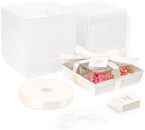 7 x 7 x 2.6 Inches Large Charcuterie Boxes with Clear Lids, 50 Pack Disposable Square Kraft Bakery Boxes, To Go Paper Food Container for Cake Slices, Sandwiches, Cookies, Dessert (White) by DeziWood