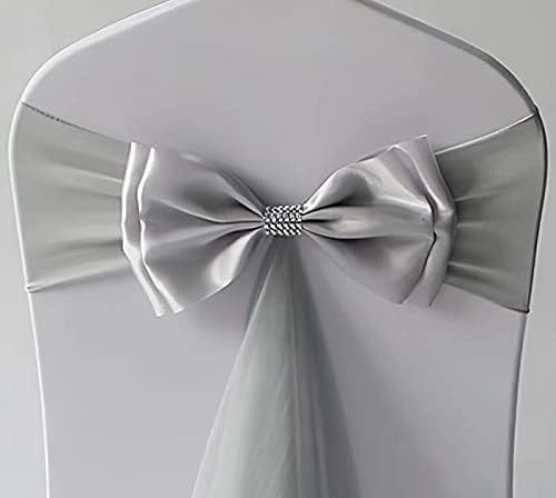 100Pcs Stretch Satin Chair Sashes Bows Chair Bands Decor for Hotel Wedding Reception Party Event Chair Cover Decoration Grey - Image 2