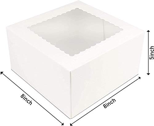 O'CREME White Square Cake Box 8 x 8 x 5 Inch, with Scalloped Window, Kraft Paperboard Bakery Box with Auto-Popup Window - Pack of 5 - Image 2