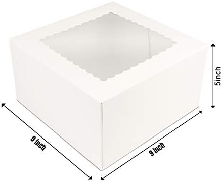 O'CREME White Square Cake Box 9 x 9 x 5 Inch, with Scalloped Window, Kraft Paperboard Bakery Box with Auto-Popup Window - Pack of 25 - Image 2