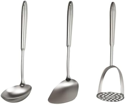 304 Professional Potato Masher, Stainless steel kitchen utensils set, 3 PCS Long Large Metal Cooking Utensil Tools Set, Mirror Polished Kitchen Gadget Kitchen Tool Set, Dishwasher Safe by Unknown