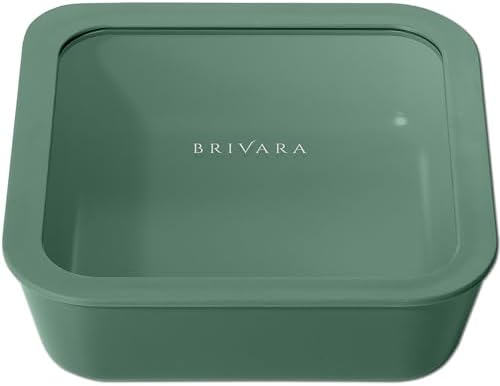 Glass Food Storage Container with Lid, 8-Cup Large Square | Microwave-Safe Airtight Lid, Oven-Safe Ceramic-Coated Glass | Zero Plastic, No PFAS/PFOA/BPA, Reusable [Pine] by BrivaraHome