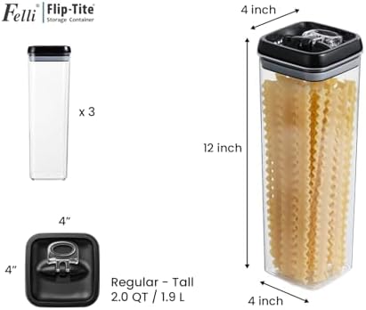 Felli Flip Tite TALL Storage Container with Lid 4" Air Tight Easy Open Ring Top, Clear Acrylic Skinny Canister Jar for Spaghetti Lasagna Fettuccine Noodle, Kitchen Cupboard Pantry Organizer (2.0 qt) - Image 3