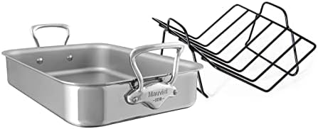 Mauviel M'Cook 5-Ply Polished Stainless Steel Roasting Pan With Rack, And Cast Stainless Steel Handles, 15.7 x 11.8-in, Made In France by Mauviel