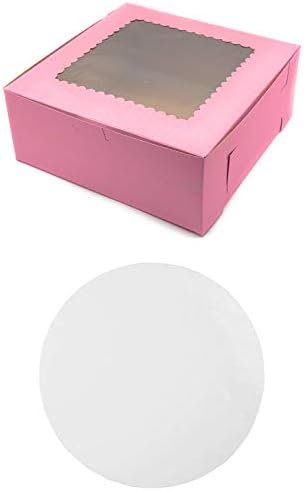 Made in USA 10" X 10" X 4" Recycled Pink Kraft Cake Box with Scalloped Window & 10" Round Cake Boards (Pack of 10 – Front Loading) by StephanieImports