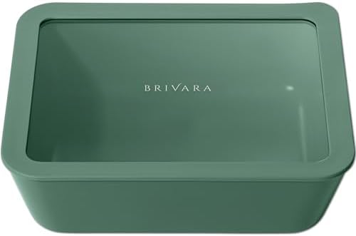 Glass Food Storage Container with Lid, 11-Cup Large Rectangle | Microwave-Safe Airtight Lid, Oven-Safe Ceramic-Coated Glass | Zero Plastic, No PFAS/PFOA/BPA, Reusable [Pine] by BrivaraHome