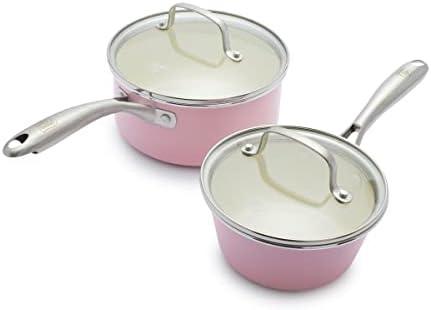GreenLife Artisan Healthy Ceramic Nonstick, 1QT and 2QT Saucepan Pot Set with Lids, Stainless Steel Handle, Induction, PFAS-Free, Dishwasher Safe, Oven Safe, Pink by GreenLife