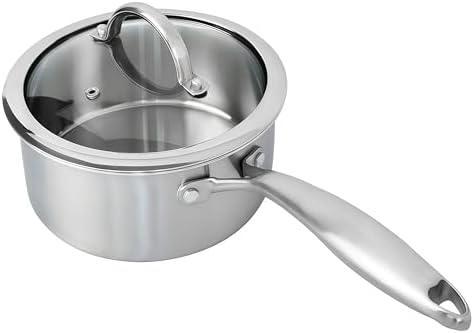 Stainless Steel Small Brushed Saucepan With Lid, Induction Cooking Sauce Pot Pans, 18/10 Tri-Ply Heavy Bottom Saucier Cookware, Dishwasher Safe & Oven Safe (1.5QT) by Unknown