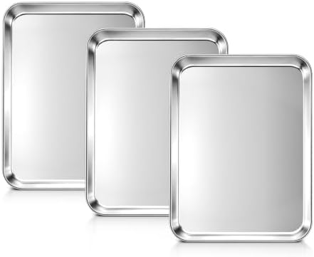 LIANYU Stainless Steel Tray for Baking, 10.2x7.9 Small Cookie Baking Sheet | 3PCS Metal Cooking Sheet Tray for Oven, Rust Free & Mirror Finish, Dishwasher Safe, Heavy Duty, Rust Resistant, No Coating by LIANYU