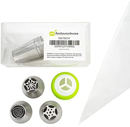 Restaurantware Pastry Tek Russian Piping Tips Set 18 Piece Durable Cake Decorating Kit - 7 Piping Tips 10 Piping Bags Stainless Steel Piping Bags And Tips Set 1 Tri-Color Coupler by Restaurantware