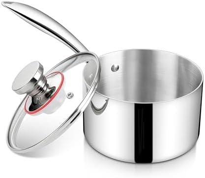 Homikit 2 Quart Saucepan with Lid, 2QT Tri-Ply Stainless Steel Sauce Pan with Ergonomic Handle, Heavy Bottom Small Pot for Kitchen Cooking, Compatible with All Cooktops for Boiling Eggs Warming Milk by Homikit