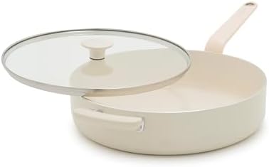 GreenPan Rio Advanced 5QT Saute Pan With Tempered Glass Lid, 5QT Ceramic Nonstick pan with Helper Handle, PFAS-Free, Induction Ready, Dishwasher and Oven Safe, Cream White by GreenPan