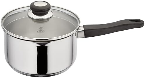 Judge Vista Draining Stainless Steel Large Saucepan with Pouring Lip 20cm 3L, Glass Strain & Pour Lid, Induction Ready, Oven Safe by Judge